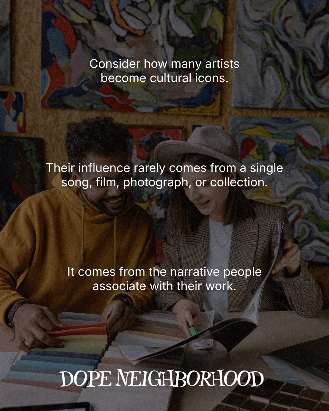 Two individuals discussing art and creativity, surrounded by colorful abstract paintings, with text overlay about cultural icons and artistic influence.