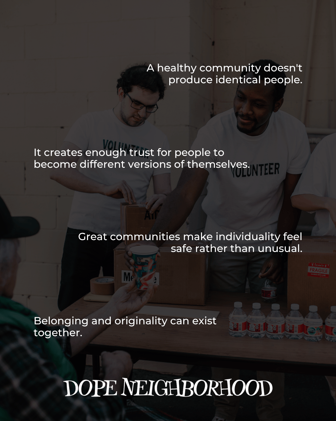 Volunteers engaging in community service, highlighting themes of trust, individuality, and belonging.