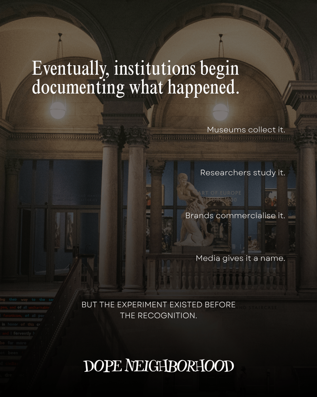 Textual content about the documentation of events by institutions within an artistic or museum setting.