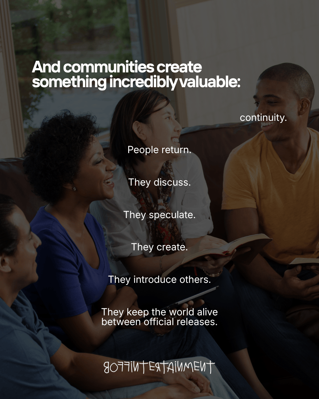 A diverse group of four people engaged in conversation, smiling and holding books, with text overlay emphasizing the value of community connections and discussions related to continuity and creativity.