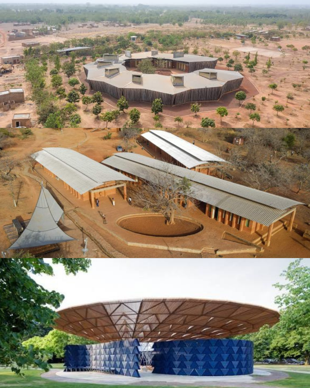 Aerial view of a modern architectural complex surrounded by greenery, featuring angular buildings.