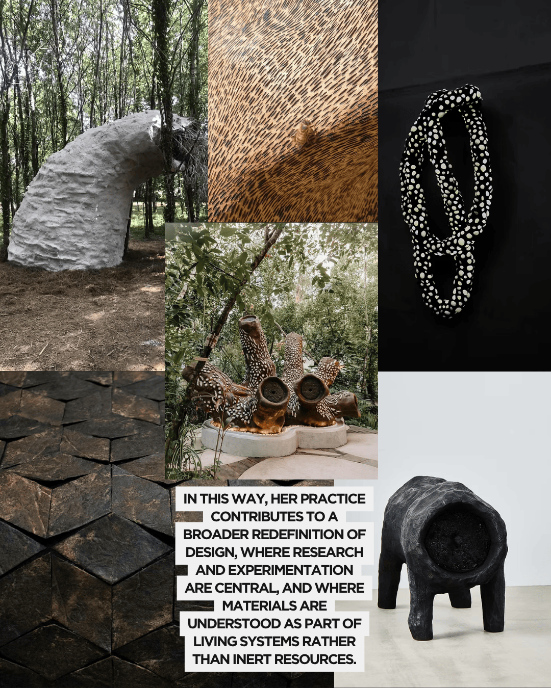 A natural arch-shaped sculpture in a wooded area.