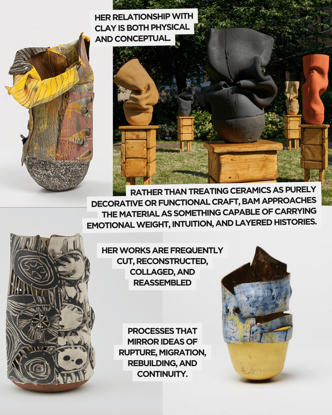 A collection of ceramic sculptures displayed outdoors, showcasing various shapes and textures. Each piece has a unique design, highlighting the artist's innovative use of clay. The background features greenery, emphasizing the outdoor setting.