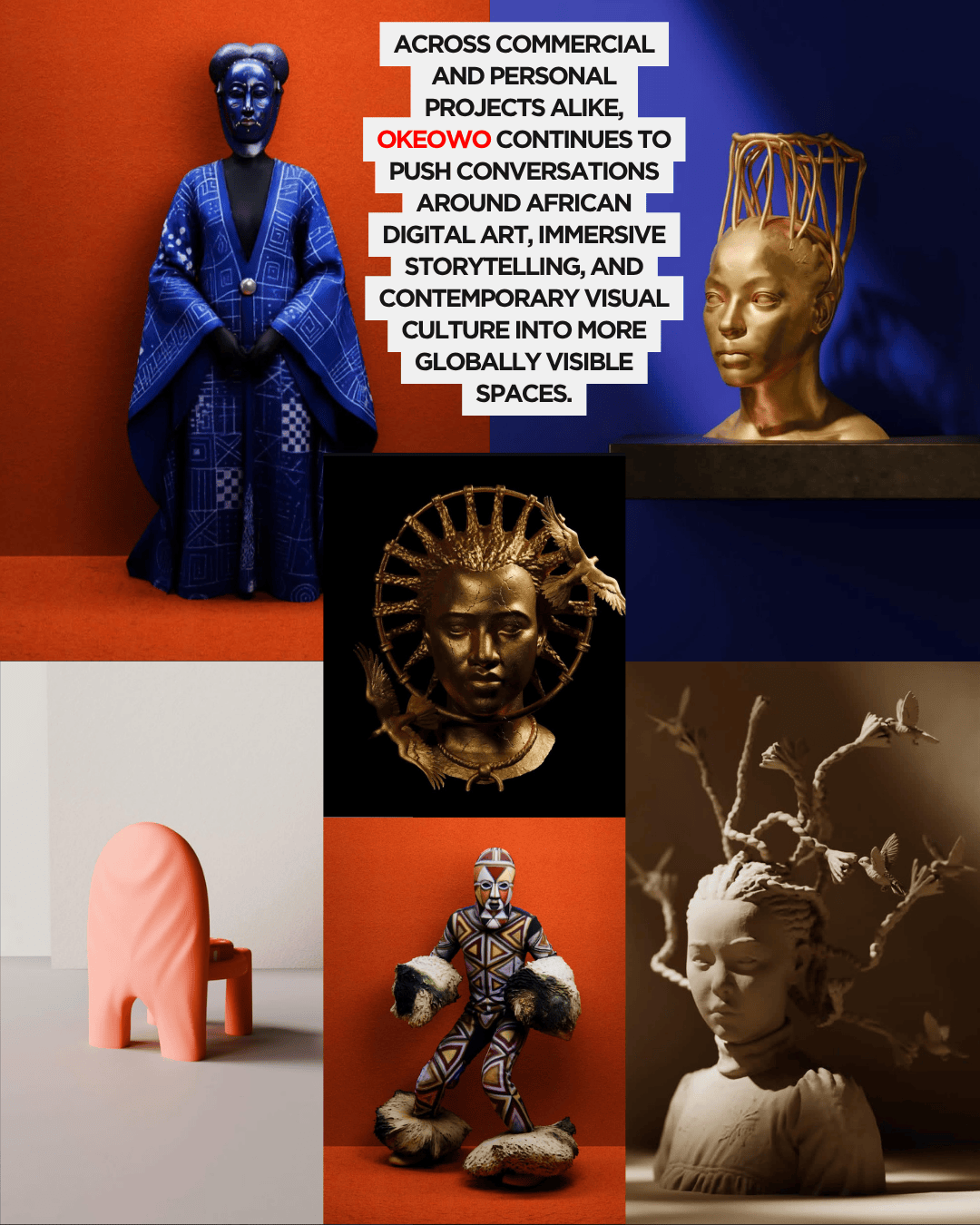 An artistic collage featuring various sculptures and artworks celebrating African culture, including a figure in traditional attire, a gold headpiece sculpture, a colorful patterned figure, and a mysterious head with branch-like hair against vibrant backgrounds.