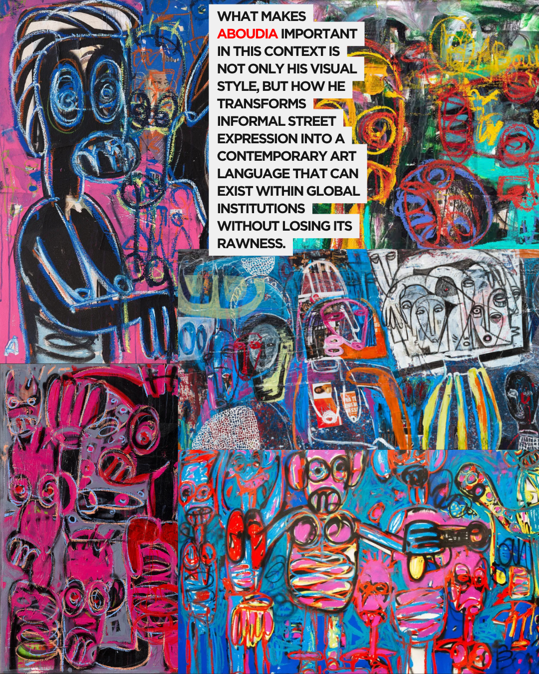 A vibrant and colorful abstract painting featuring various figures and faces, showcasing a mix of bold lines and bright colors, embodying informal street expression in contemporary art.