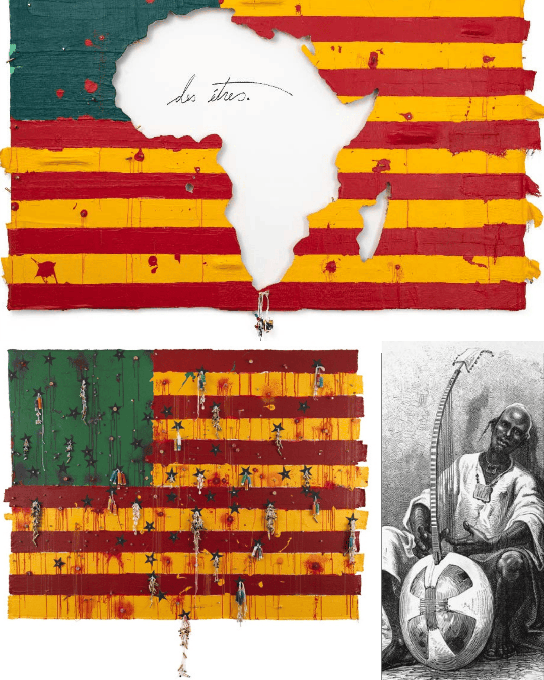 An artistic representation featuring abstract shapes of the African continent in vibrant colors, combined with a textured background resembling a flag, depicting cultural elements and symbols.