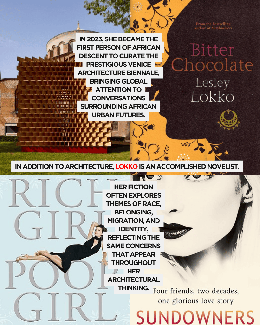 A collage featuring a wooden architectural structure, the book cover of 'Bitter Chocolate' by Lesley Lokko, the cover of 'Rich Girl Pool Girl', and 'Sundowners'. Text highlights Lokko's achievements in architecture and literature, emphasizing themes of race, belonging, and identity.