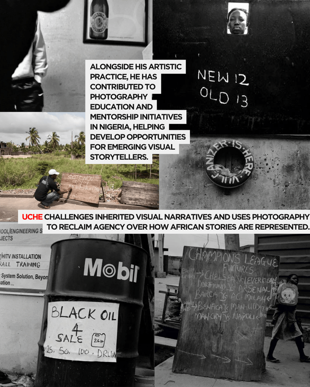 A collage of black and white photographs depicting various scenes in Nigeria, including a man taking notes in a field, signage about oil for sale, and written announcements related to local activities and events.