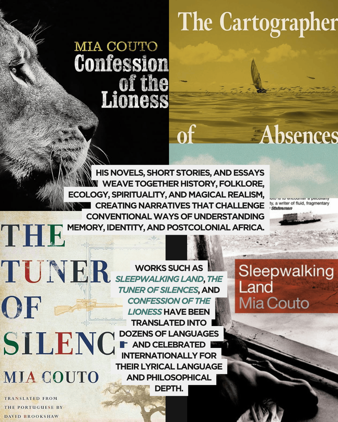 Collage featuring book covers and text highlighting the works of Mia Couto, including 'Confession of the Lioness,' 'The Cartographer of Absences,' 'The Tuner of Silence,' and 'Sleepwalking Land.'
