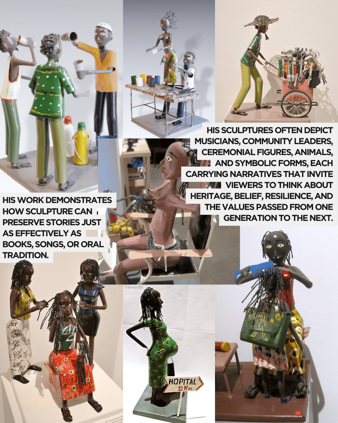 Collection of colorful sculptures depicting musicians, community leaders, and ceremonial figures, highlighting narratives of heritage and resilience.
