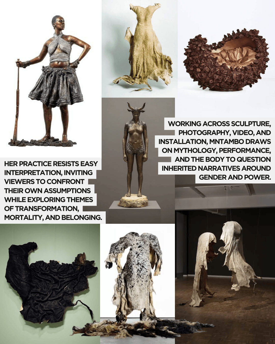 A bronze sculpture of a female figure standing confidently with an arm raised, dressed in a skirt and holding a spear.
