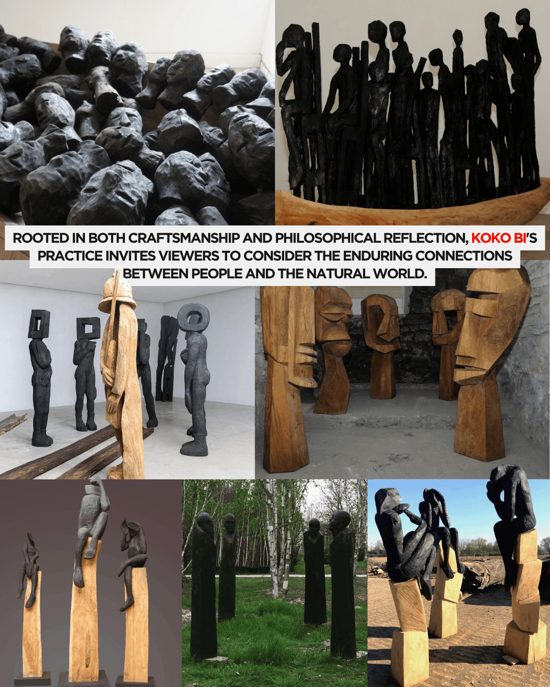 A collection of wooden sculptures featuring various abstract human forms, exploring themes of craftsmanship and connection to nature.