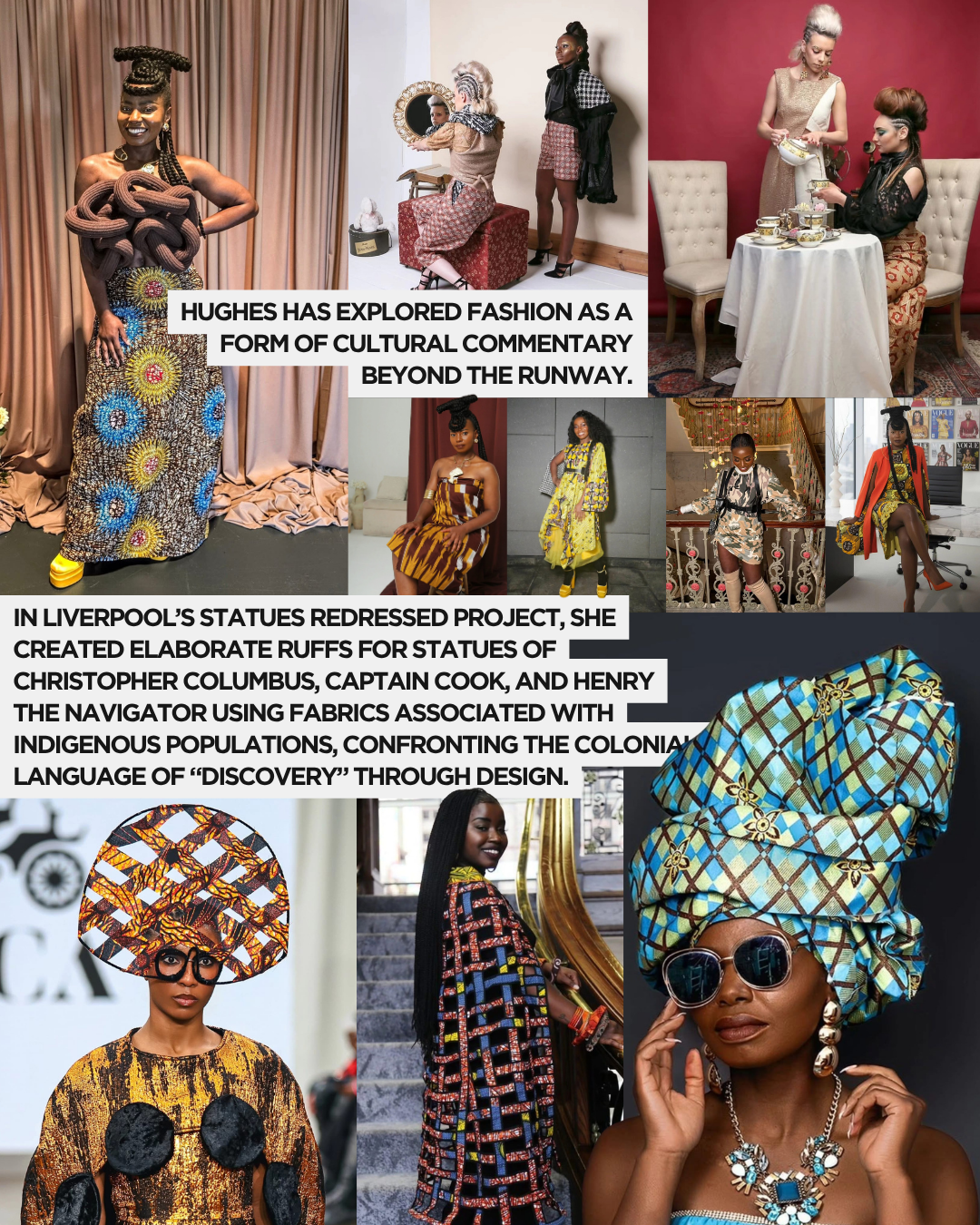 A collage of diverse fashion designs showcasing cultural commentary through vibrant fabrics and styles.