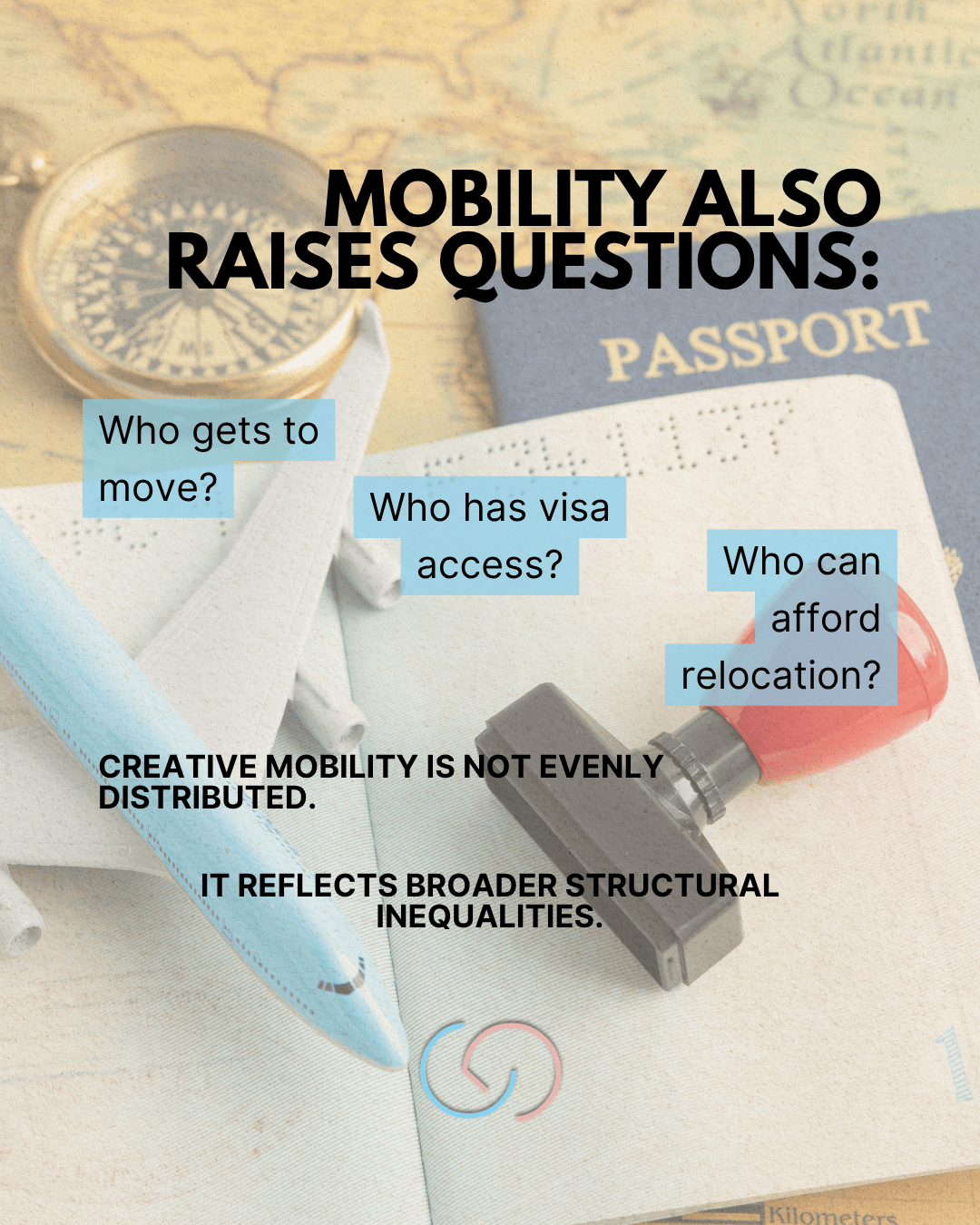 Flat lay of travel items including a blue airplane model, a compass, a passport, and a visa stamp, with text discussing questions of mobility and structural inequalities.