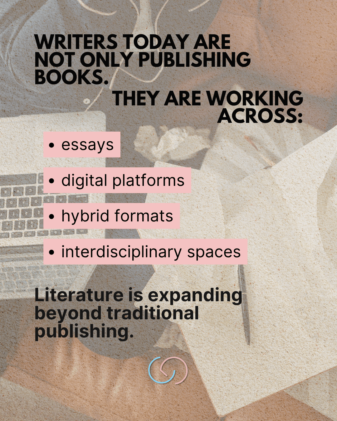 Graphic highlighting modern writing practices, featuring a laptop, notepad, and a pen, with text emphasizing that writers are exploring essays, digital platforms, hybrid formats, and interdisciplinary spaces.