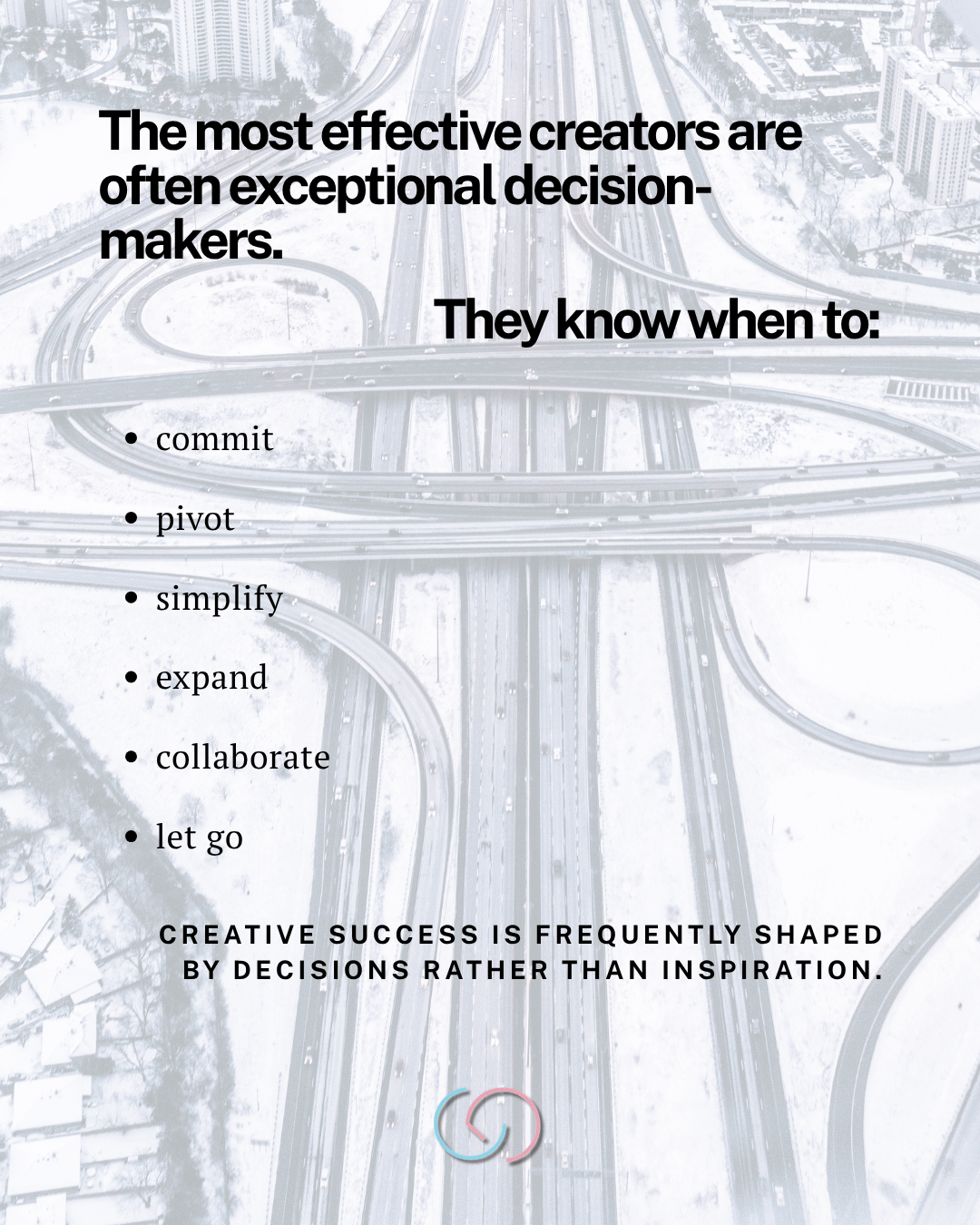An aerial view of a snowy highway interchange with the text emphasizing the importance of decision-making for successful creators, listing actions such as commit, pivot, simplify, expand, collaborate, and let go.