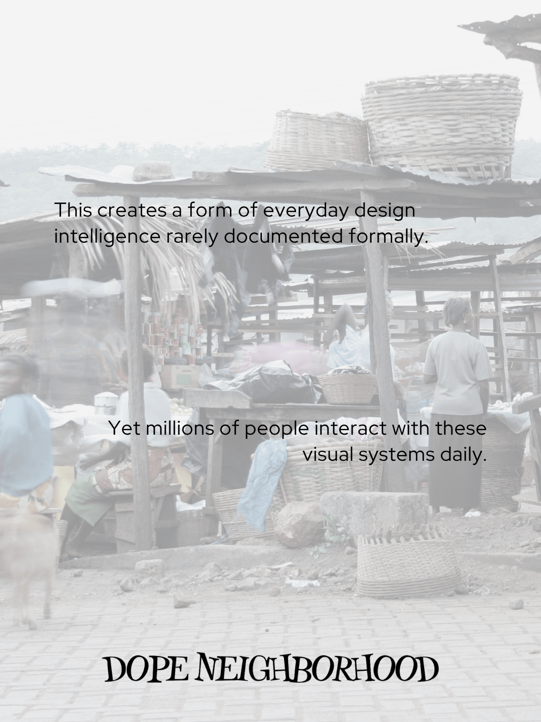 A busy marketplace with various stalls and people interacting, showcasing everyday design and visual systems.