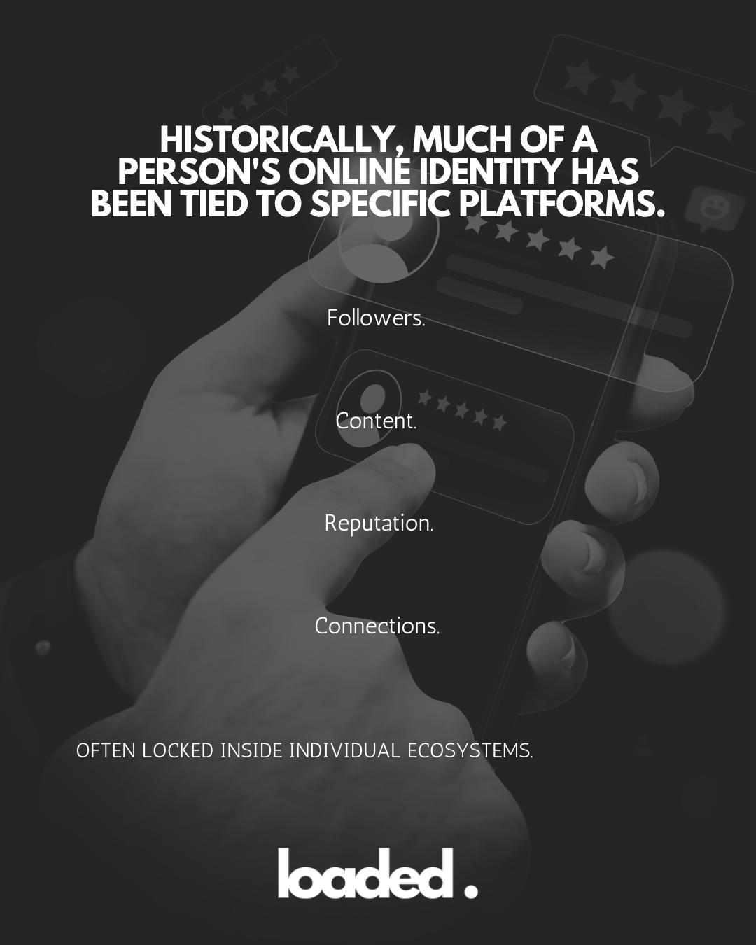 A close-up of a hand holding a smartphone displaying social media elements, with text discussing online identity tied to specific platforms.