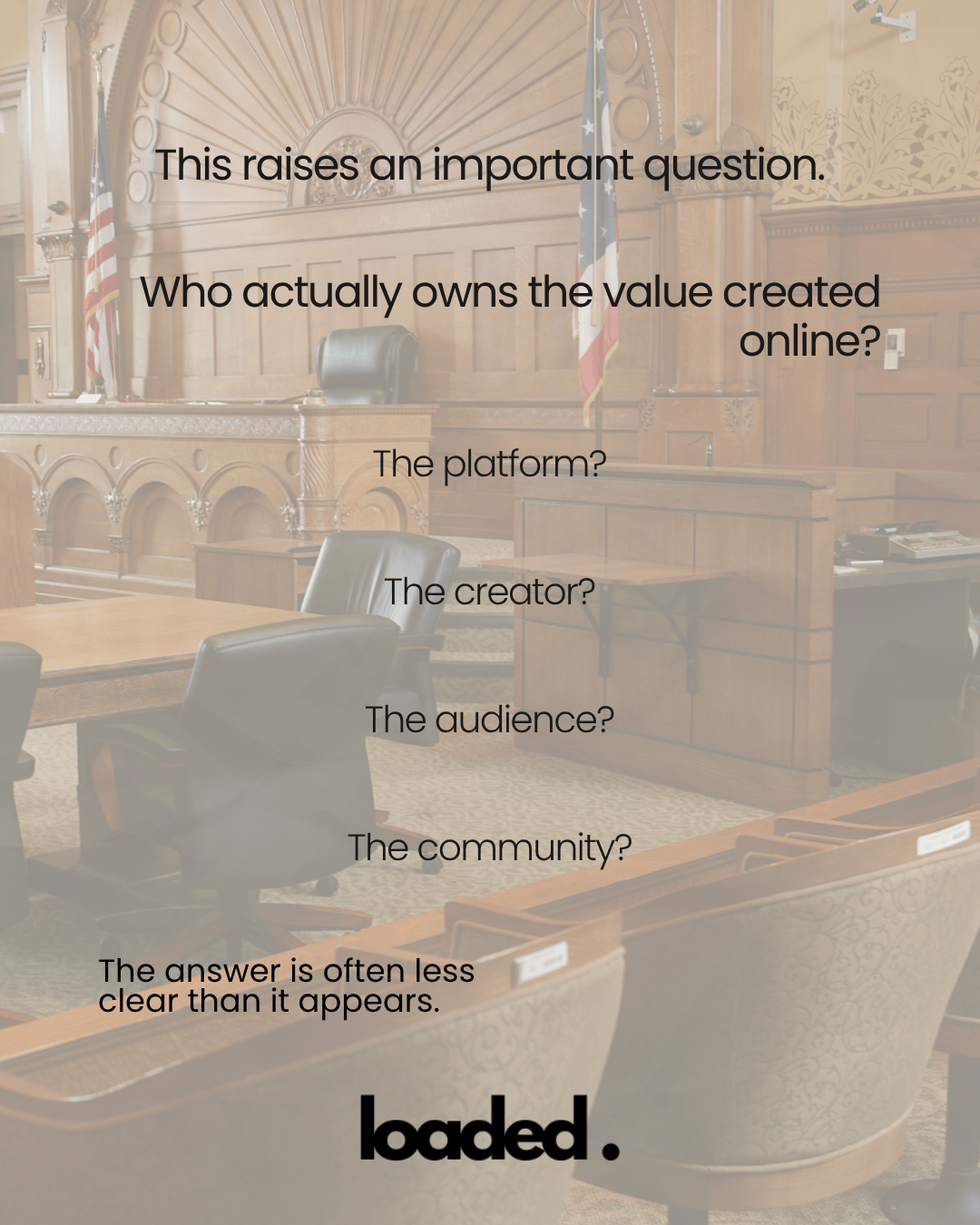 Image of a courtroom interior with wooden panels and chairs, featuring text questioning ownership of online value creation.