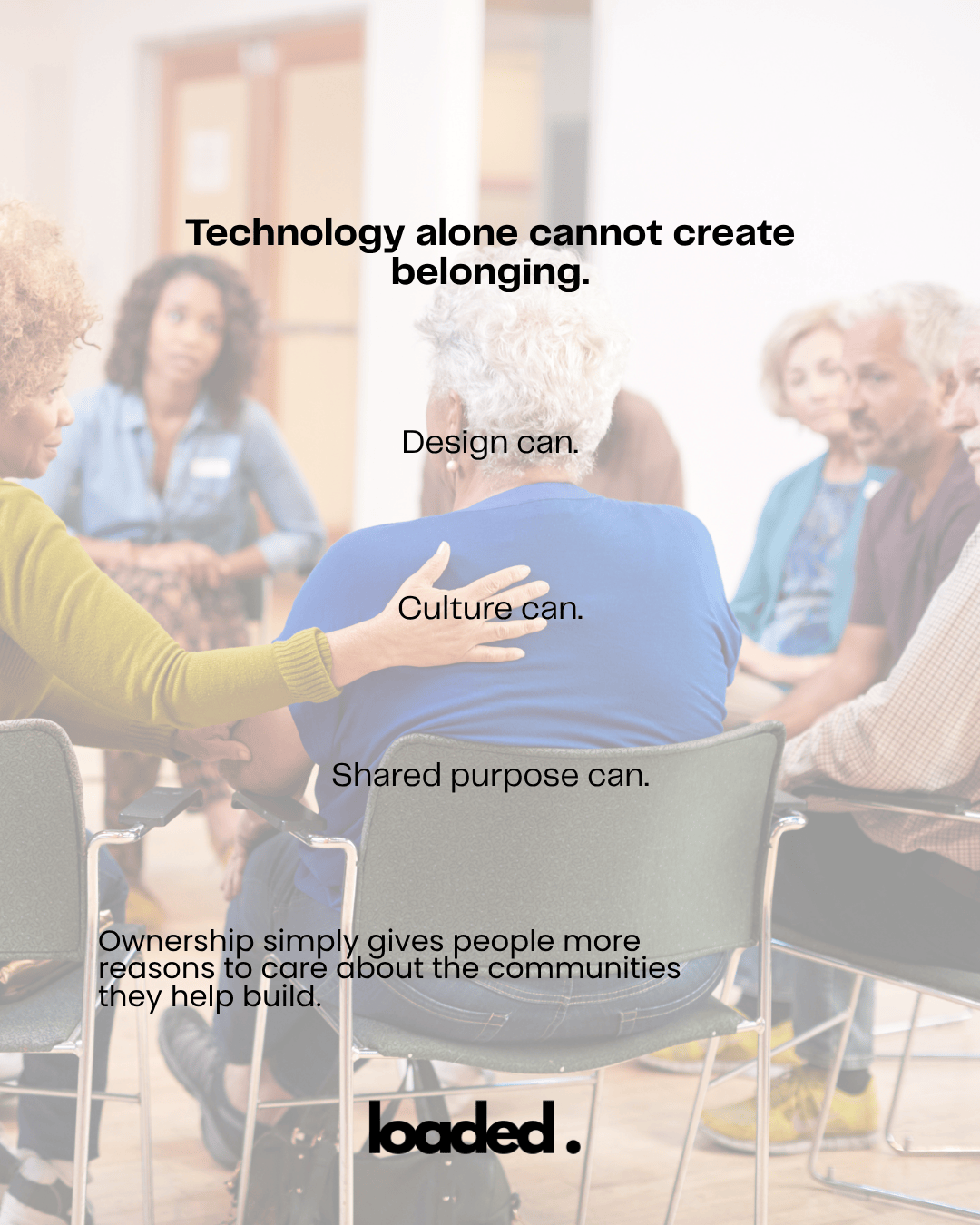 A diverse group of people sitting in a circle, engaged in discussion. Text overlay emphasizes the importance of design, culture, and shared purpose in creating belonging, alongside the idea of ownership in community building.