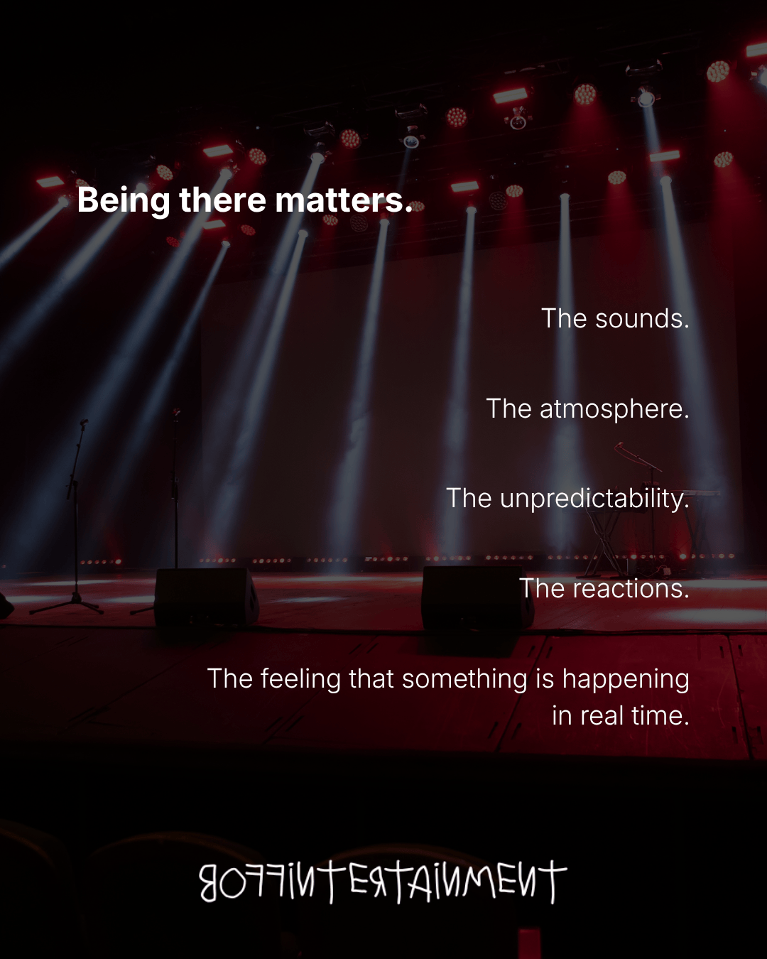 An empty stage with spotlights and a microphone setup, featuring a dark background and text highlighting the importance of live experiences.