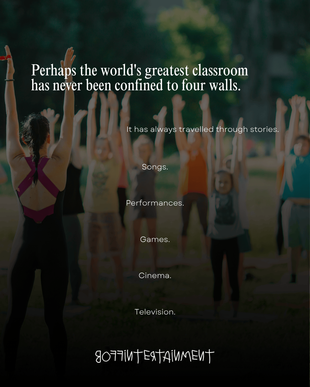 A group of children and adults raising their arms in a grassy outdoor setting, with text overlay discussing learning beyond traditional classrooms.