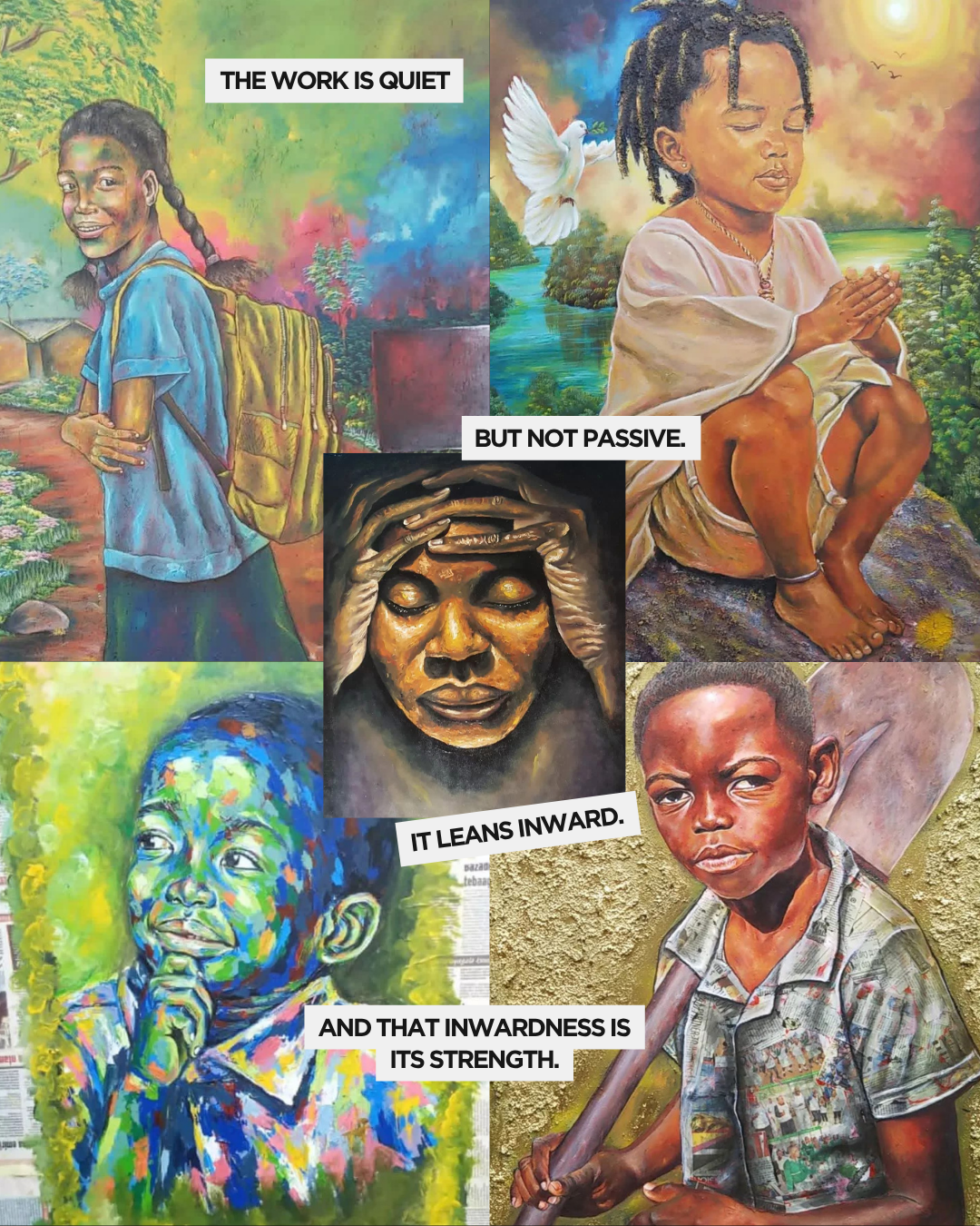 A collage of vibrant portraits featuring children depicted in various poses, showcasing themes of introspection and strength, accompanied by inspirational text quotes.