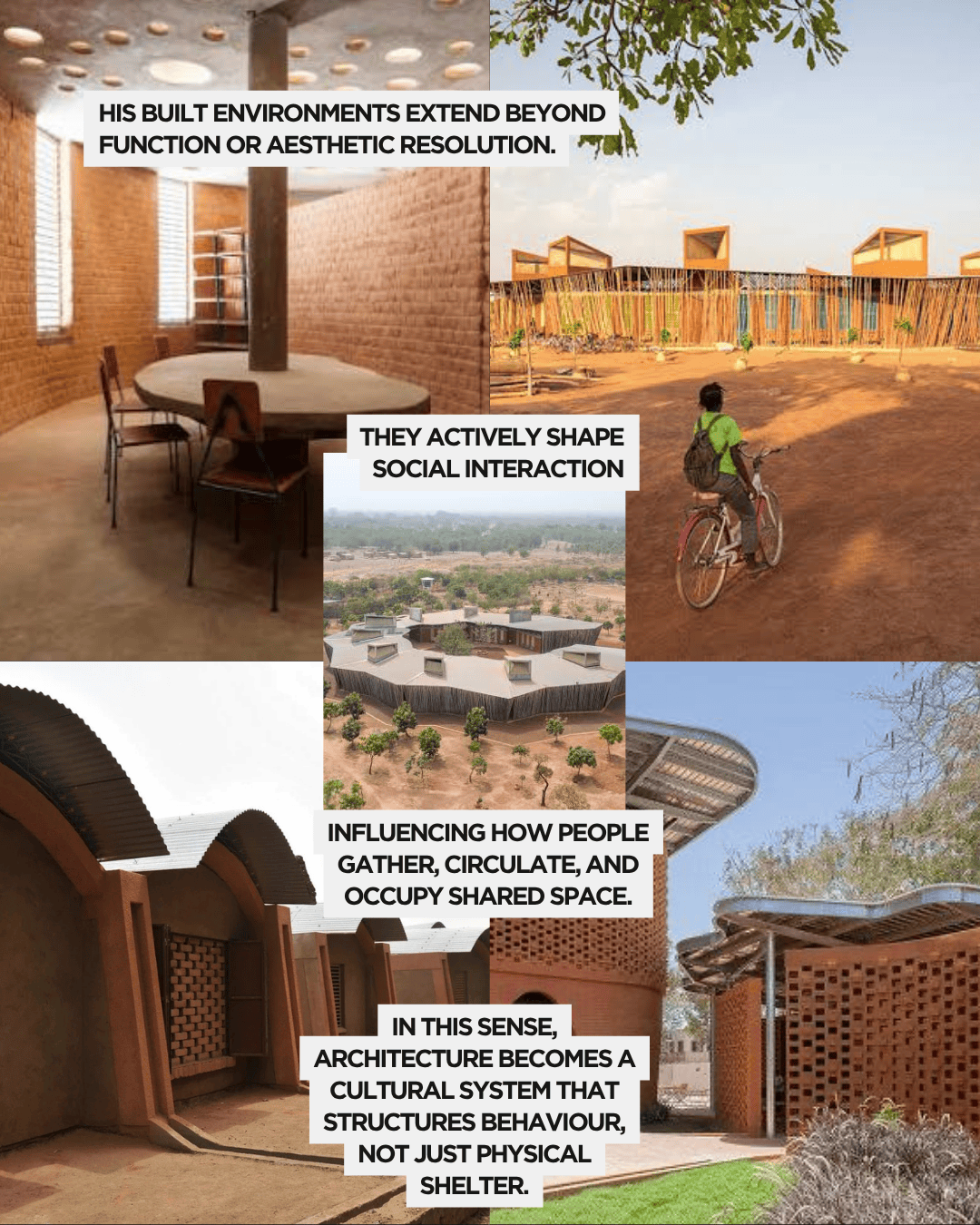 Collage of diverse architectural settings featuring earthy materials and innovative designs, showcasing how built environments foster social interaction and influence communal behavior.