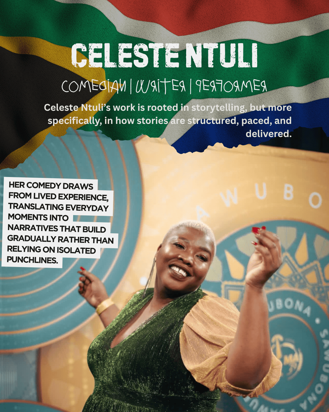 A smiling woman with short blonde hair wearing a green dress and gold sleeves, standing against a colorful background with text highlighting her work as a comedian, writer, and performer.