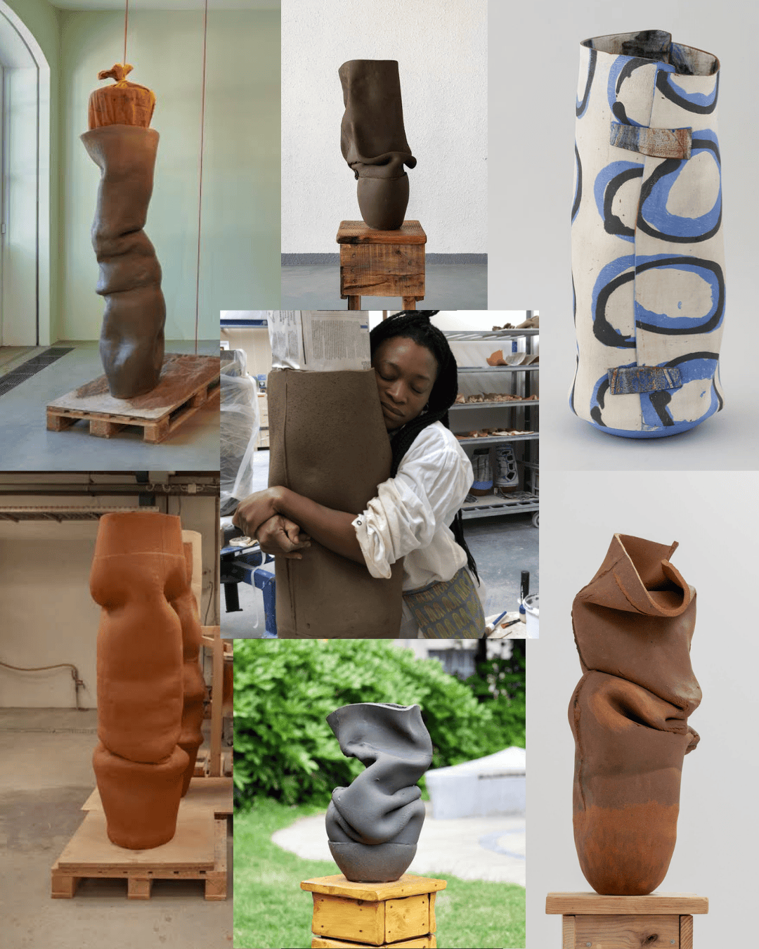A collection of unique ceramic sculptures featuring various shapes and textures, displayed in different settings. Some sculptures have a curvy and twisted form, while others are more upright. One image shows an artist hugging a piece of clay.