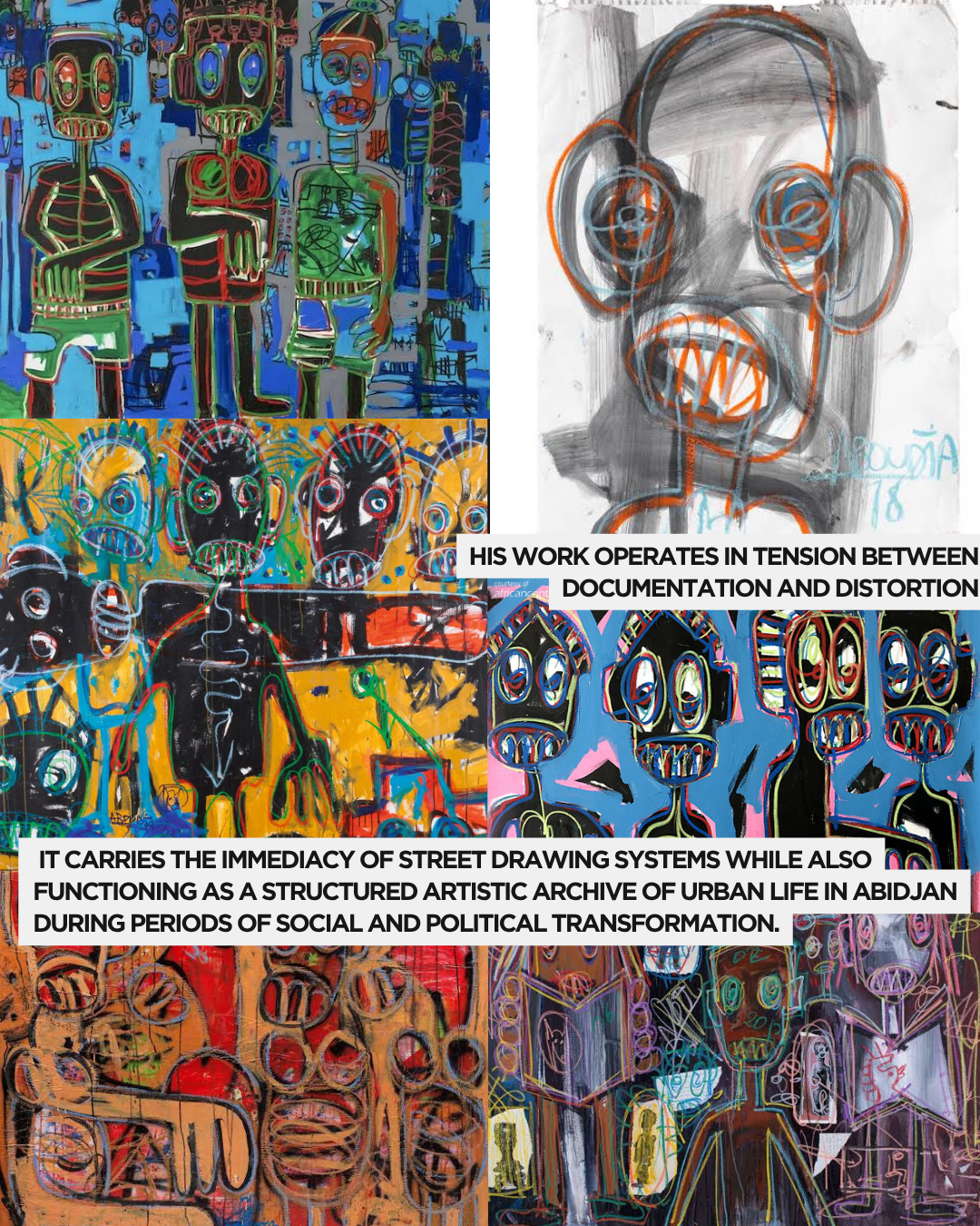 A collage of vibrant artworks depicting stylized human figures, showcasing the themes of urban life and social transformation in Abidjan. The pieces feature bold colors and distorted shapes, reflecting a tension between documentation and artistic interpretation.