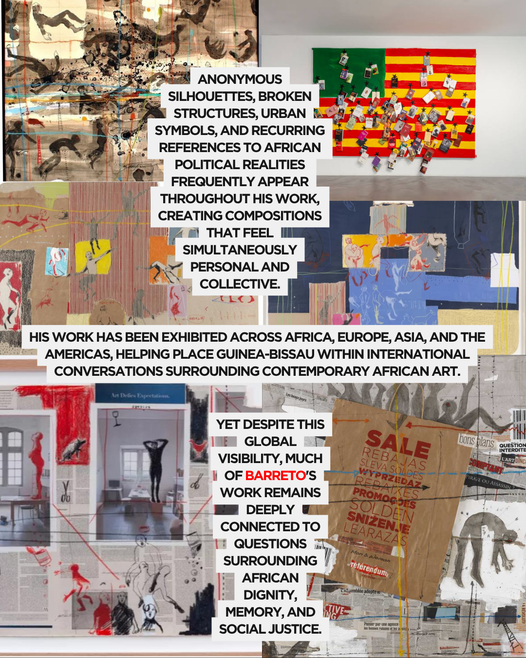 A collage of abstract art featuring various textures, colors, and shapes, highlighting themes of African political realities, memory, and social justice. The artwork includes broken structures, silhouettes, and urban symbols, conveying a deep personal and collective narrative.