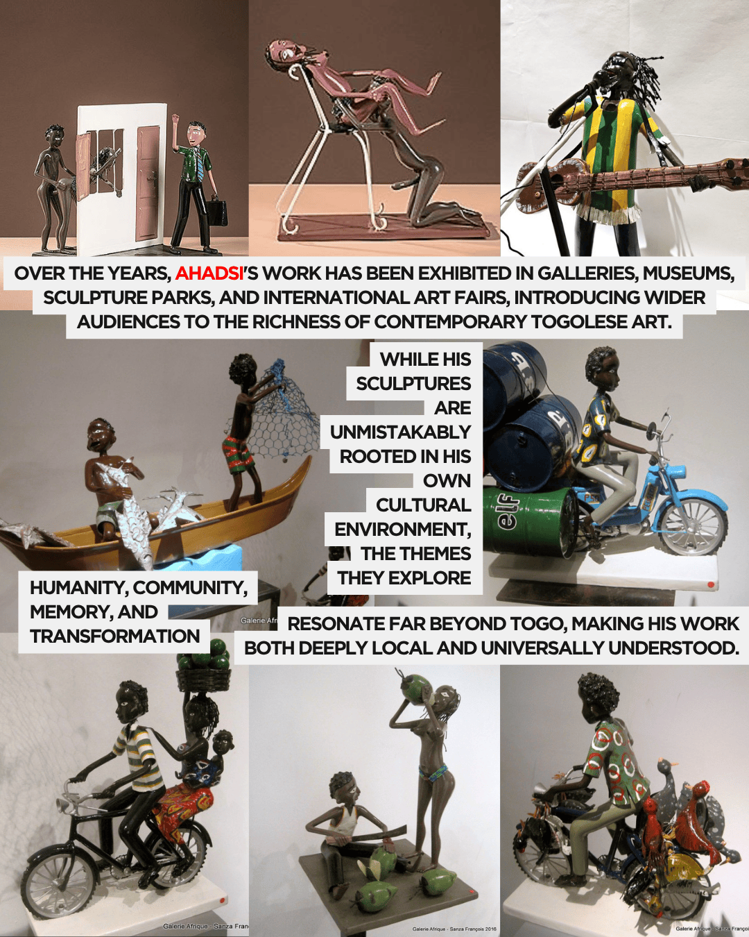 A collage of various sculptures by the artist Ahadsi, showcasing figures in different poses and activities, emphasizing themes of humanity, community, and cultural identity.
