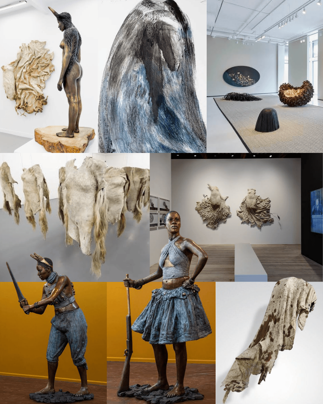 An art gallery showcasing various sculptures and artworks, including a bronze figure with a horn, abstract textiles, and mixed media installations. The image features both full-body sculptures and wall-mounted pieces, highlighting diverse artistic styles.