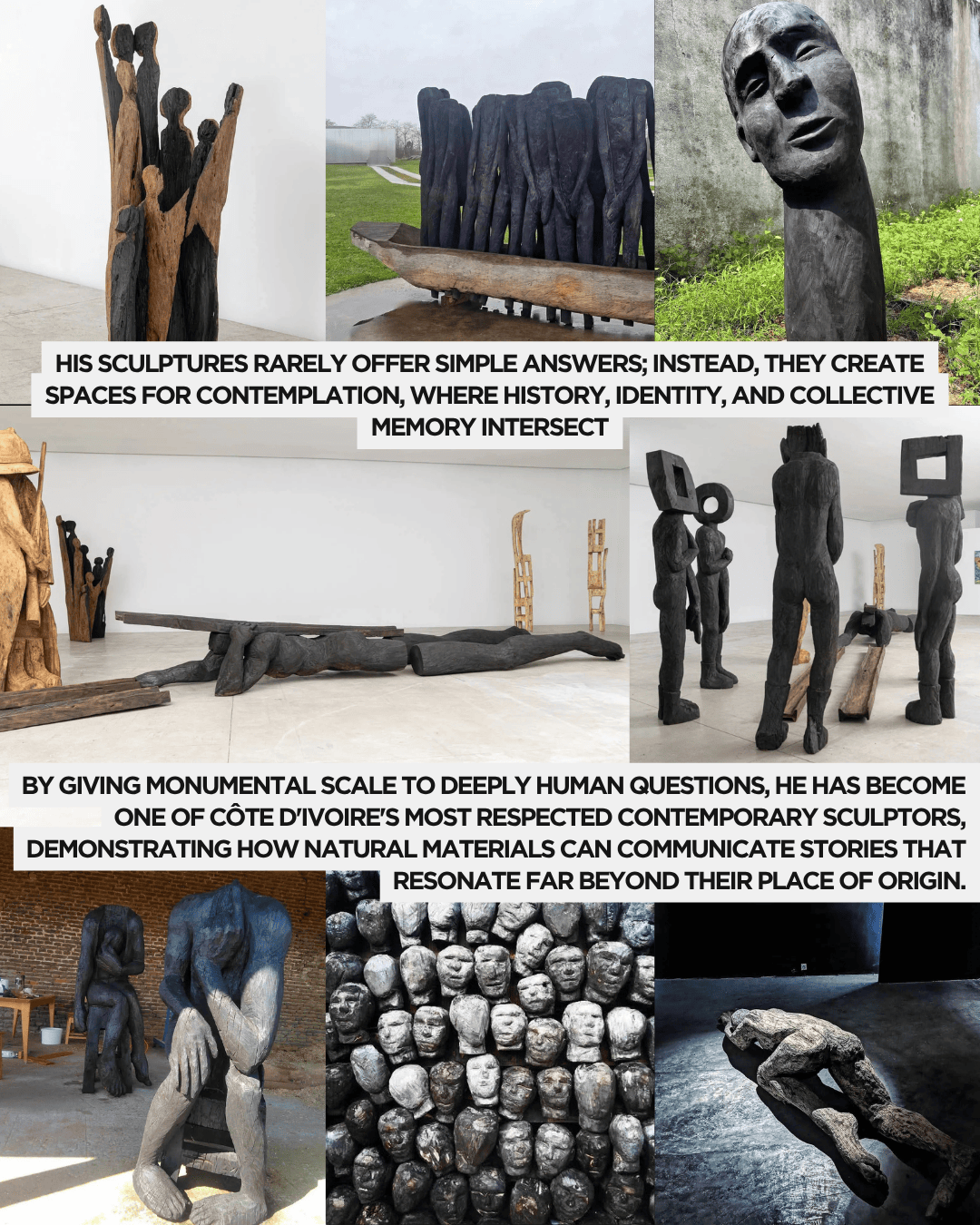 A collage of contemporary sculptures, showcasing various forms and figures that evoke themes of history, identity, and memory.
