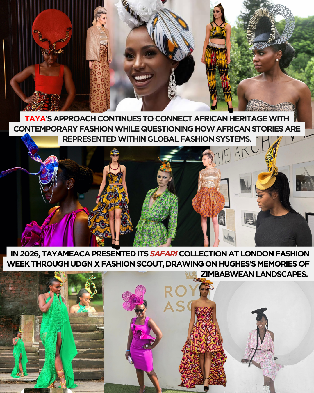 A collage showcasing contemporary African fashion designs by TAYA, featuring various models in vibrant outfits and unique headpieces, highlighting a blend of heritage and modern style.