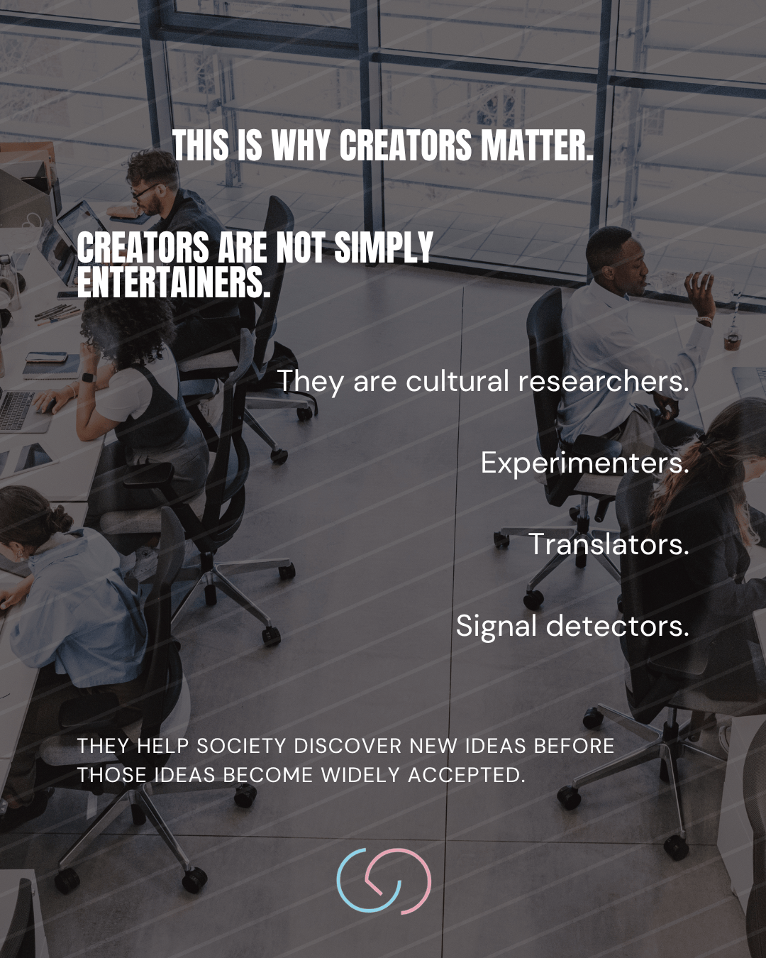Image of a modern workspace with diverse individuals engaged in creative and collaborative activities, accompanied by text emphasizing the cultural significance of creators.