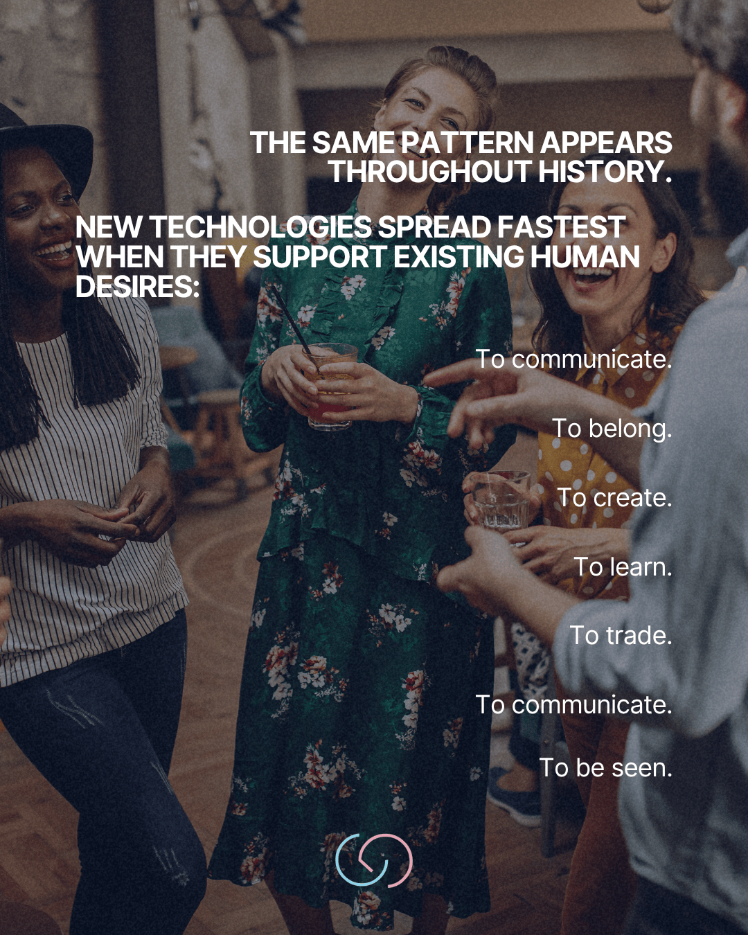 A group of people enjoying a social gathering, engaging in conversation and laughter, with text overlaid discussing how new technologies spread by supporting human desires such as communication, belonging, and creativity.