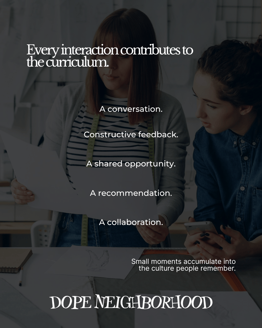 Two women engaging in a discussion while reviewing documents, with text overlay discussing contributions to the curriculum.