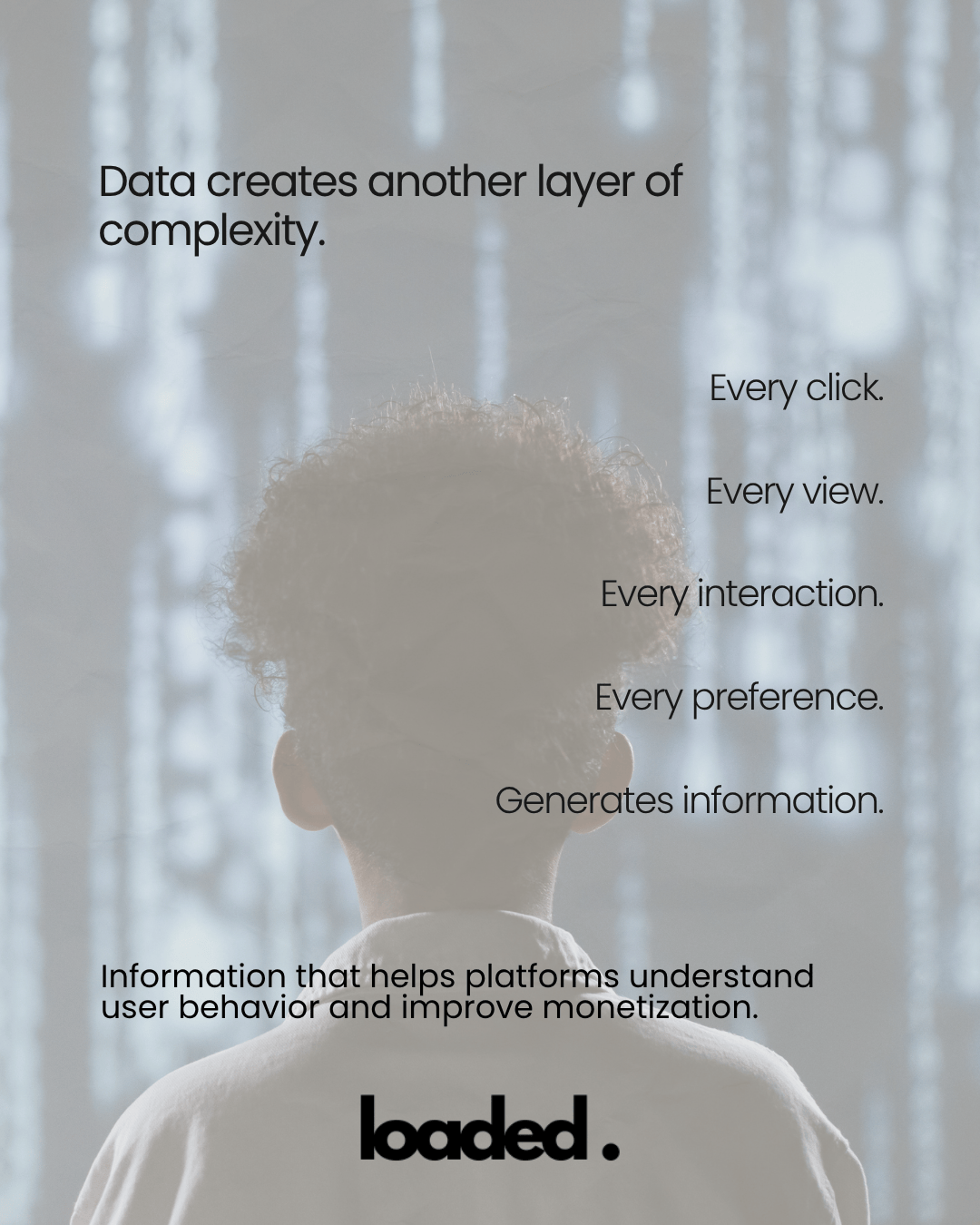 A person with curly hair facing away from the camera, surrounded by a blurred binary code backdrop. Text overlay discussing the complexity of data and its impact on user behavior and monetization.