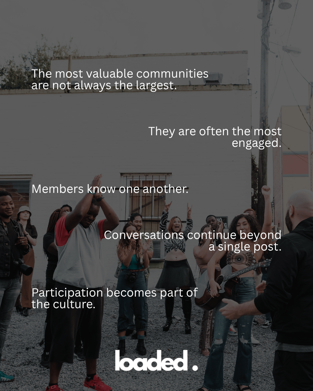 A diverse group of people engaging in conversation outdoors, with some raising their hands in excitement. Text overlays highlight the importance of community engagement and culture.