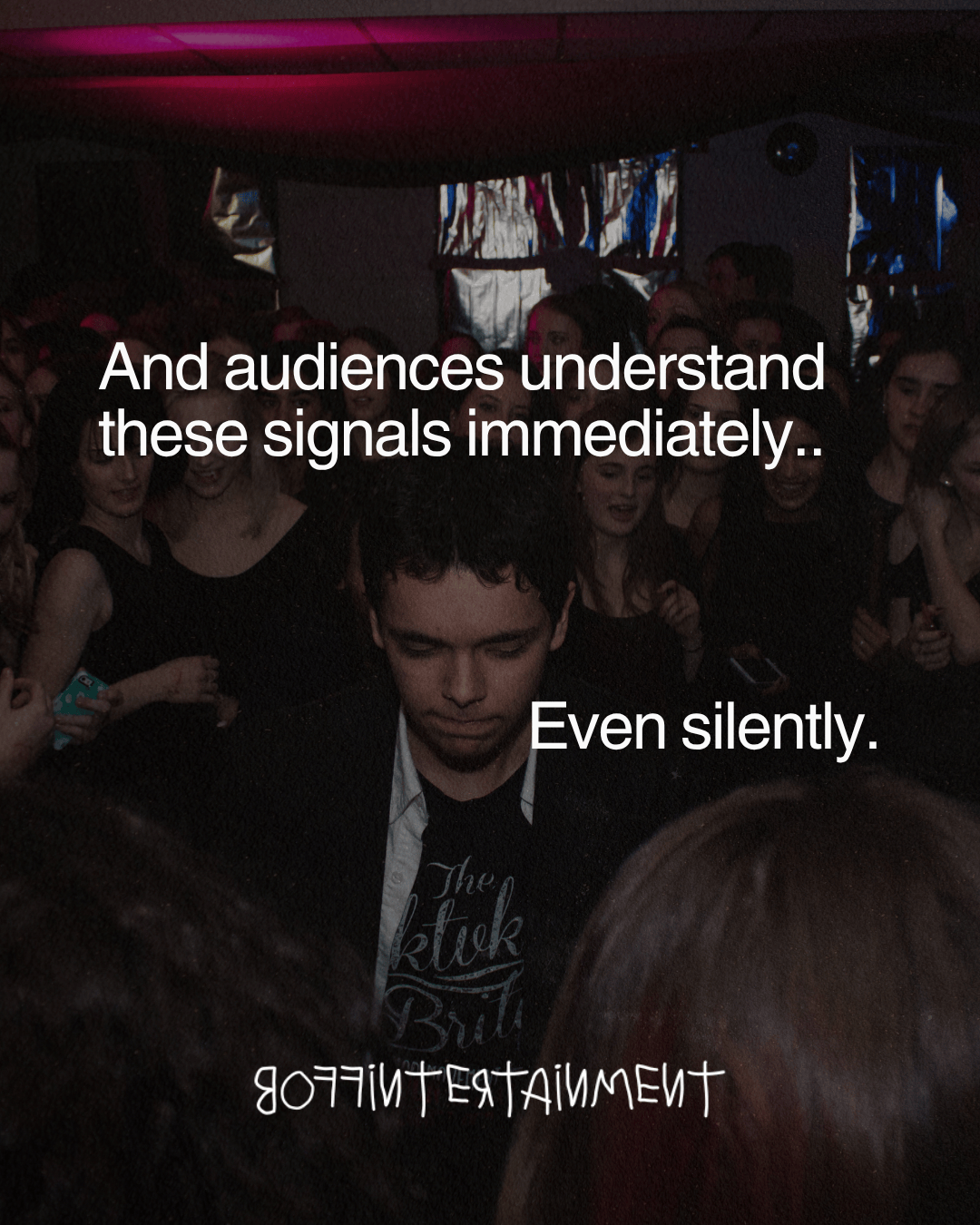 A crowd of partygoers with varied expressions in low light, featuring a young man in a black shirt looking down thoughtfully, with text overlay discussing audience understanding and signals.
