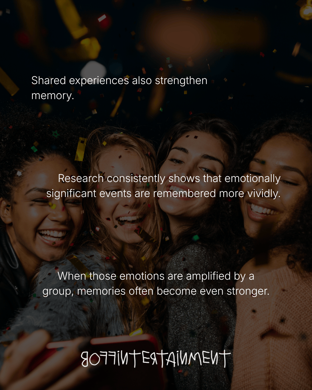 A group of four women smiling and celebrating together, surrounded by colorful confetti. The image highlights the joy of shared experiences.