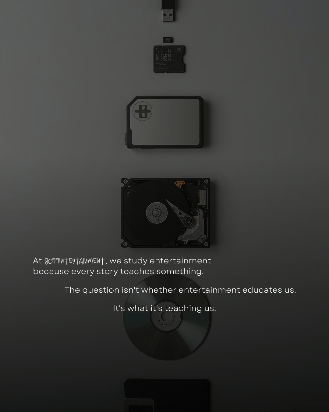 A layout of various digital storage devices including a USB stick, micro SD card, external hard drive, and a CD, along with a quote about the educational value of entertainment.