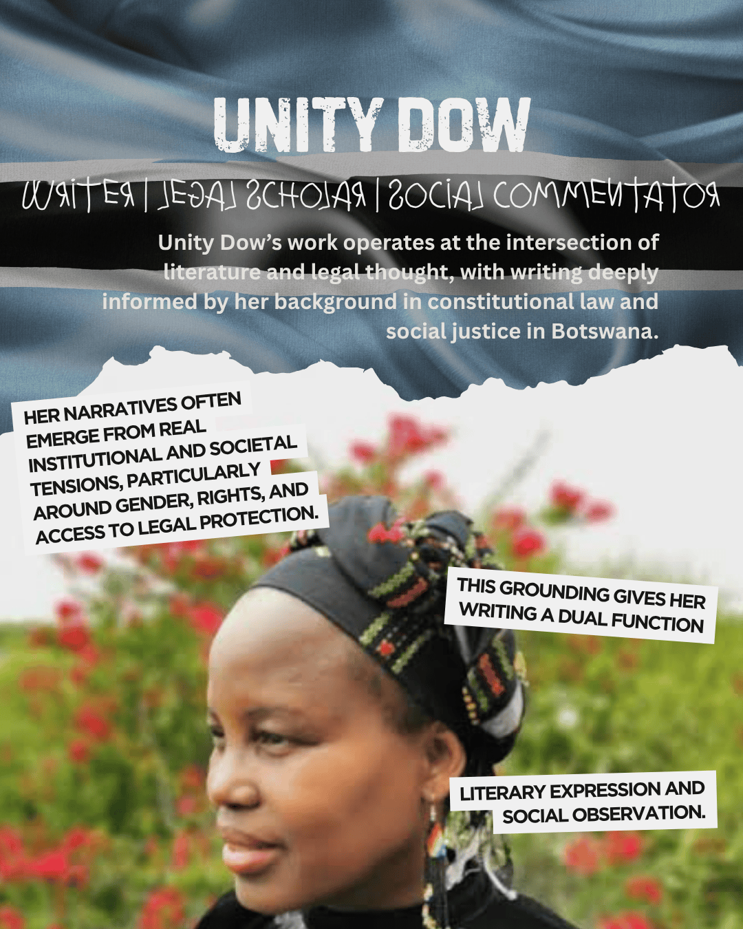 Portrait of Unity Dow, a writer, legal scholar, and social commentator, with a colorful background and flowers. Text highlights her contributions to literature and legal thought in Botswana, focusing on gender, rights, and access to legal protection.