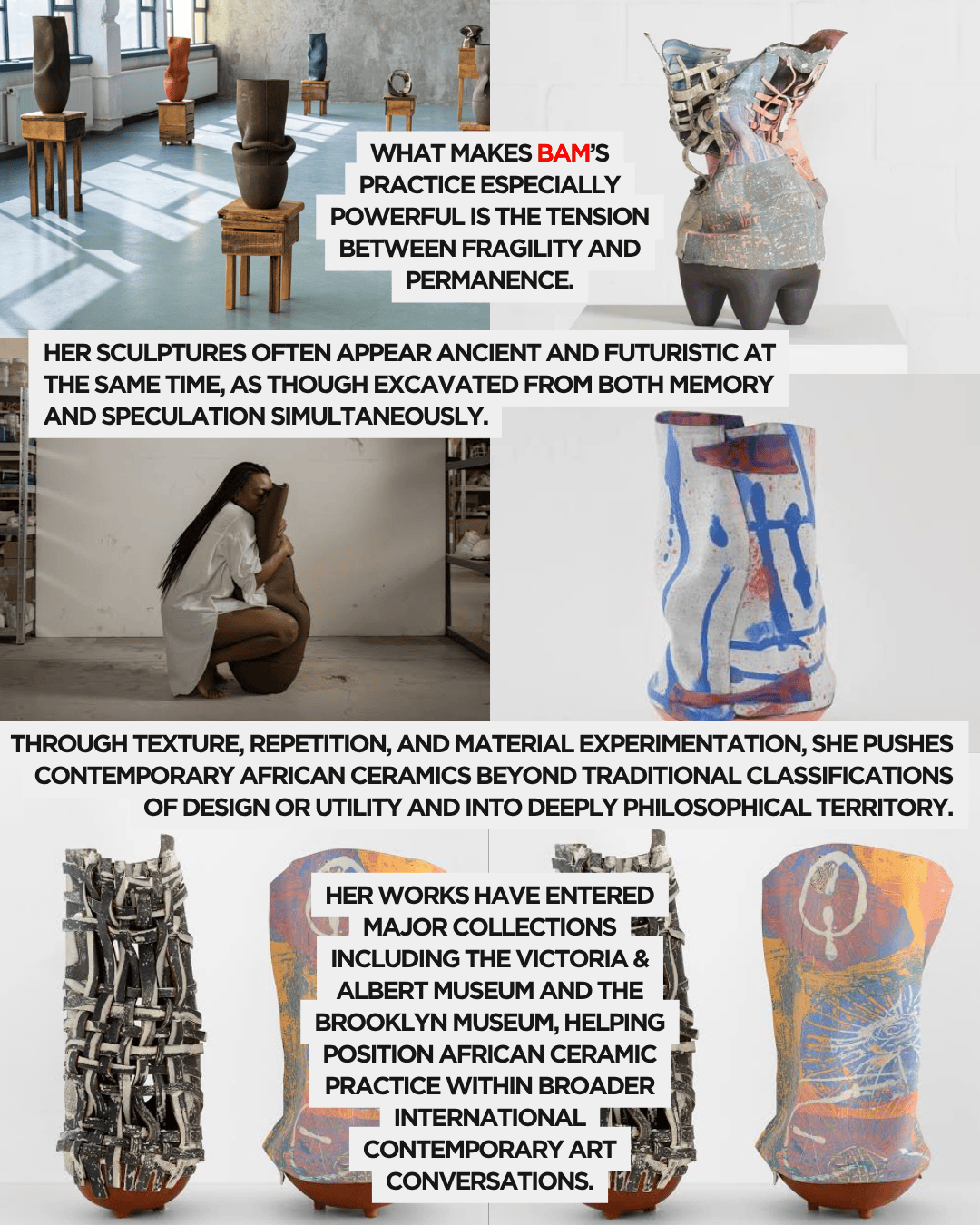 A diverse exhibition of contemporary sculptures exploring themes of fragility and permanence, with a focus on African ceramic artistry.