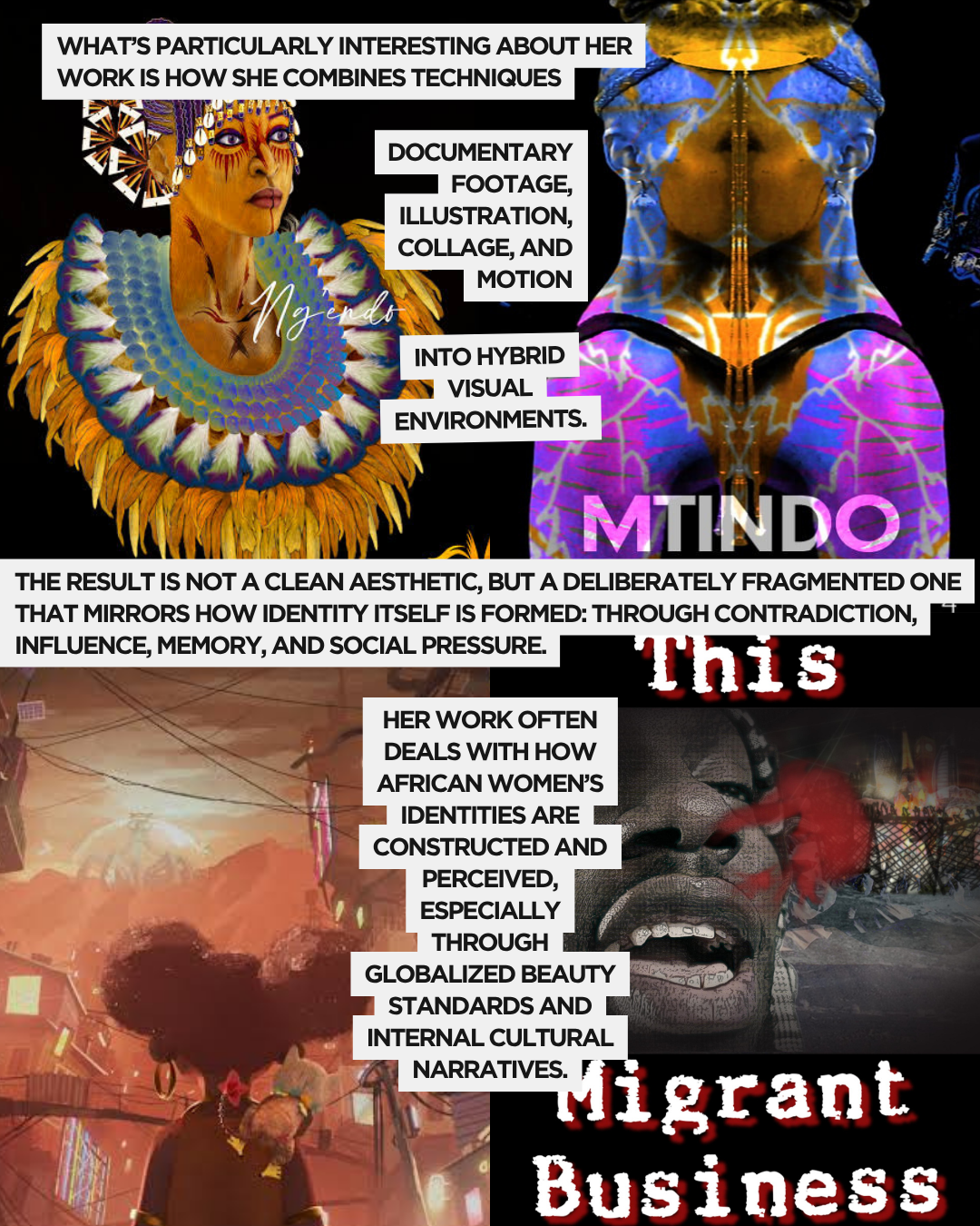 A digital collage featuring a person in a vibrant headdress alongside abstract artistic elements, with text highlighting themes of identity, cultural narratives, and beauty standards in relation to African women's experiences.