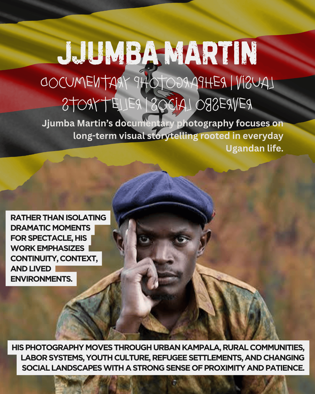 Portrait of Jjumba Martin, a documentary photographer, with a thoughtful expression. The background features the Ugandan flag. His photography focuses on everyday life in Uganda.