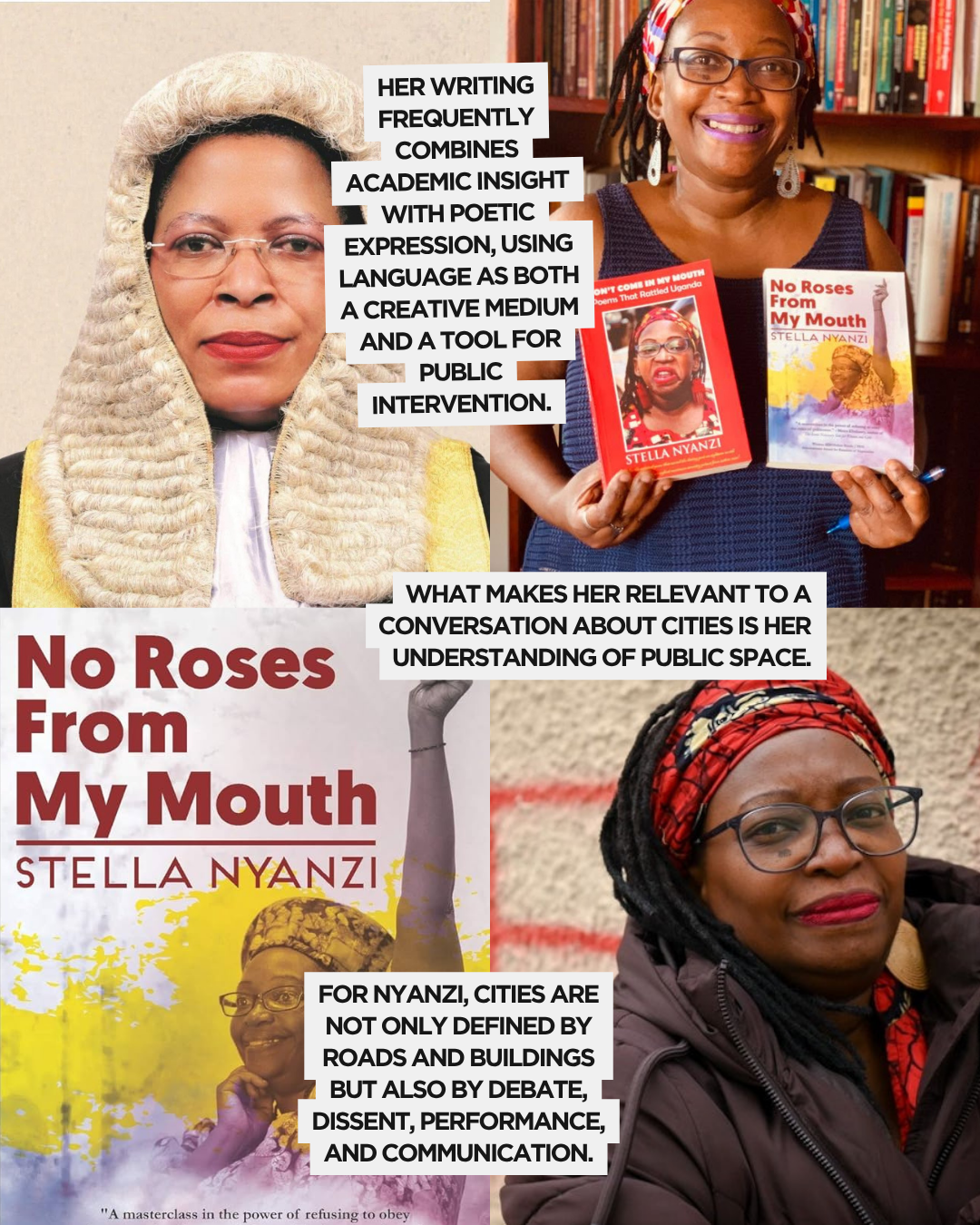 Image featuring Stella Nyanzi, an author and academic, holding two of her books titled 'Don't Come Be My Mouth' and 'No Roses From My Mouth.' She is seen in a vibrant setting with books in the background.