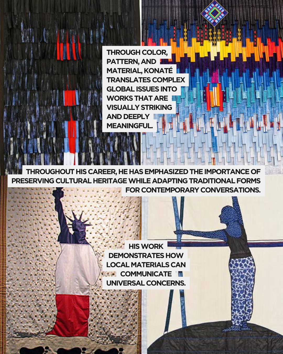 A collage featuring artworks by Konaté, showcasing vibrant patterns and colors that illustrate global issues and cultural heritage.